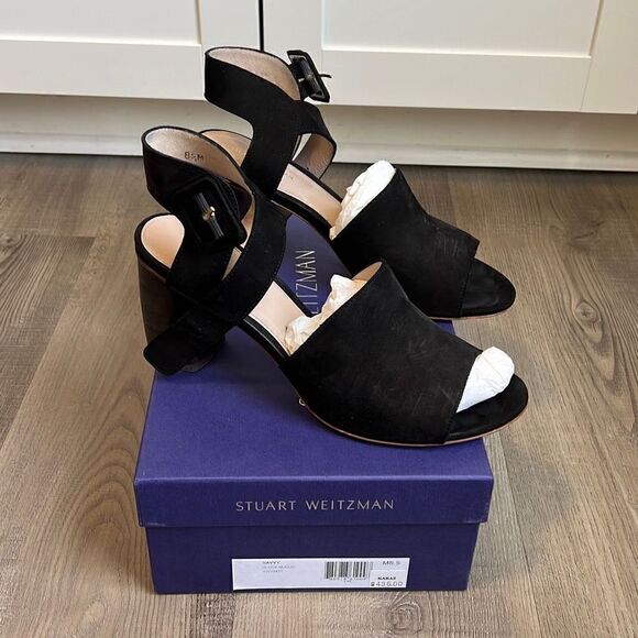 Stuart Weitzman $435 Savvy Side Buckle Black Nubuck Sandals Women’s 8.5 - Picture 3 of 11